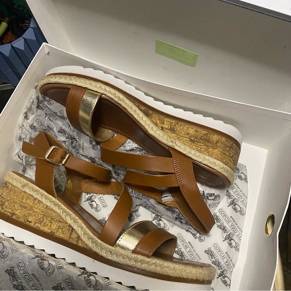 EUC/LIKE NEW Coach and Four Banno Cork Wedge Sandals in Luggage/Gold - Size 7 - Picture 2 of 11